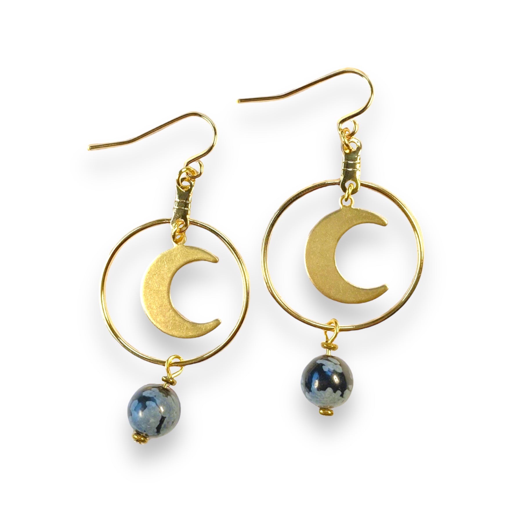 Gold Moon Hoop Earrings - Snowflake Obsidian and Hematite