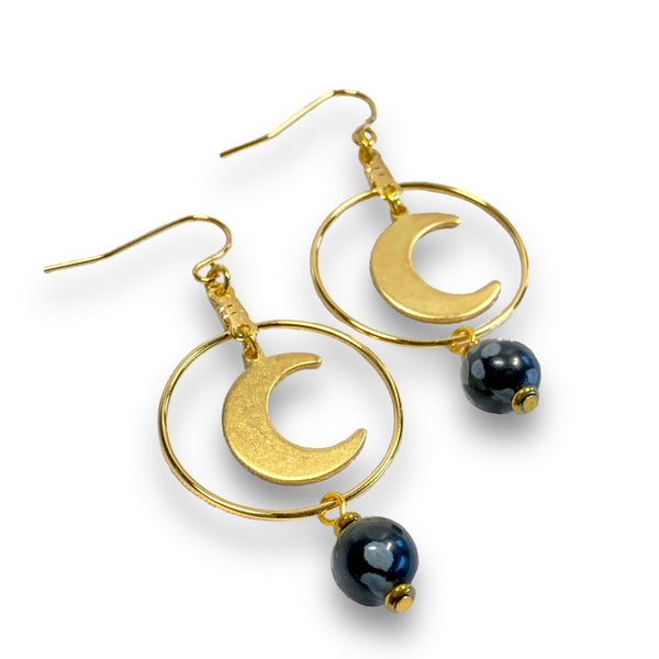 Gold Moon Hoop Earrings - Snowflake Obsidian and Hematite