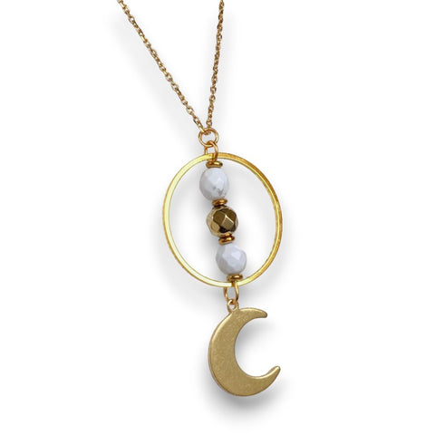 Gold moon gemstone necklace with howlite and hematite