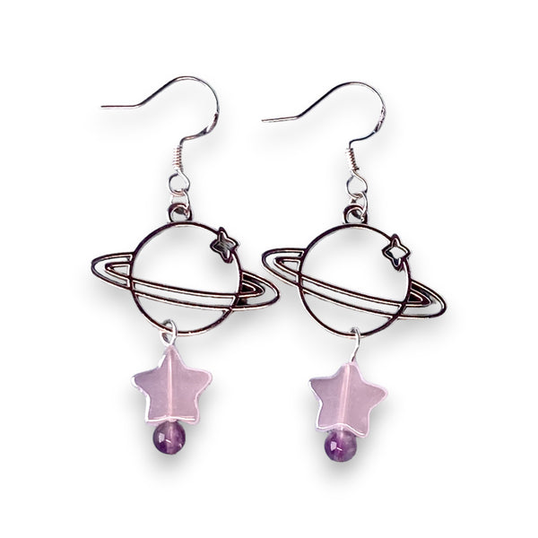 Silver planet amethyst earrings with pink star and amethyst