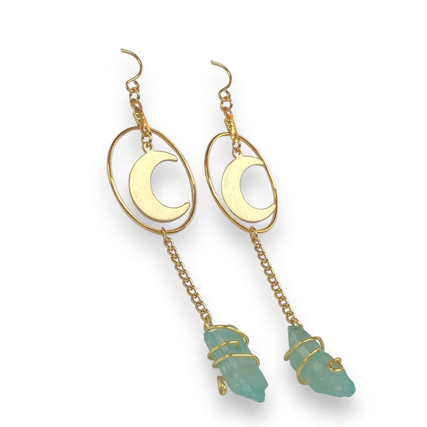 Gold moon hoop aura quartz earrings