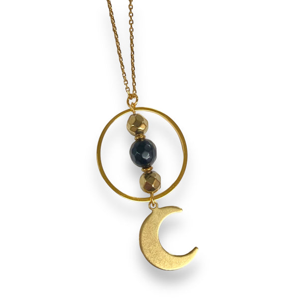 Gold Moon Hoop Necklace - White Howlite or Black Obsidian