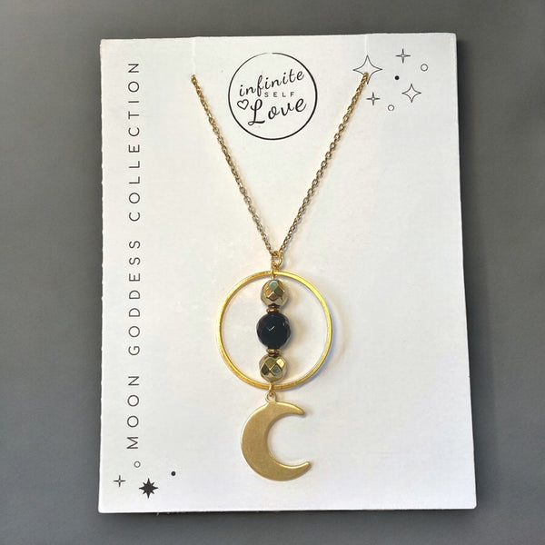 Gold Moon Hoop Necklace - White Howlite or Black Obsidian