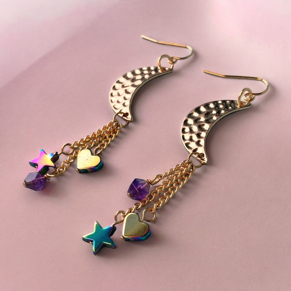 Gold Moon Stars and Hearts Earrings with Amethyst Gemstones