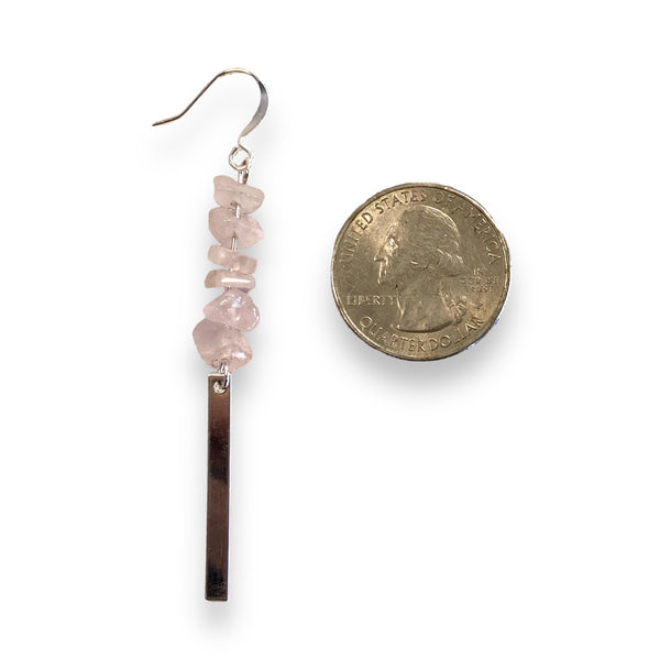 Rose Quartz Silver Rectangle Dangle Earring next to a quarter for scale