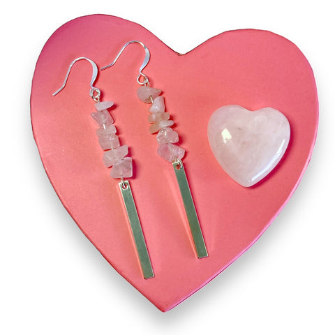 Rose Quartz Silver Rectangle Dangle Earrings on a pink heart with a rose quartz heart