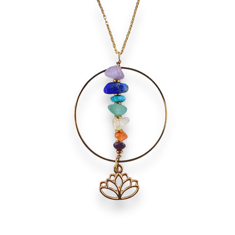 Rainbow chakra gemstone gold lotus necklace for self love, pride, and spirituality