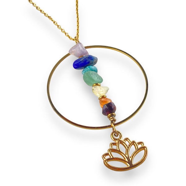 Rainbow chakra gemstone gold lotus necklace for self love, pride, and spirituality