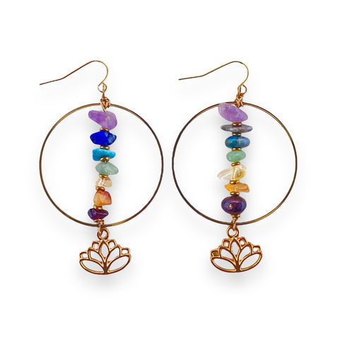 Rainbow chakra gold hoop earrings with lotus for self love, pride, and spirituality