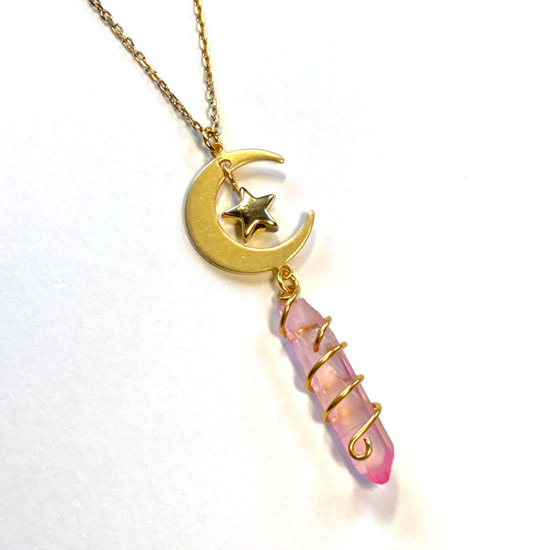 pink and purple quartz with gold moon and star gold plated necklace. Light Language infused gemstone jewelry for self love and energy healing. 